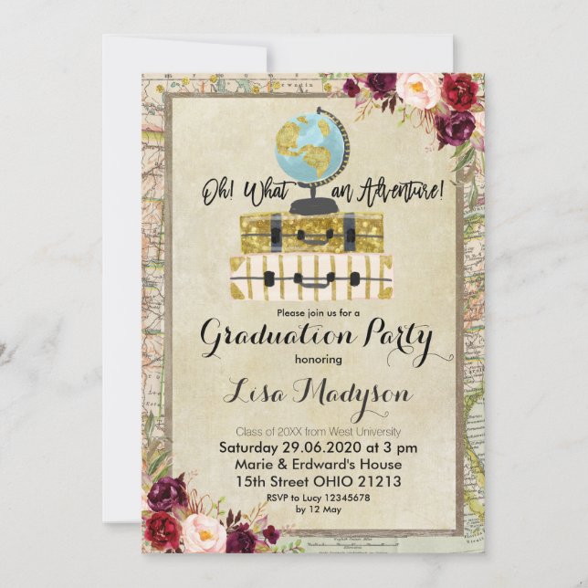GLOBE Marsala Adventure Graduation Party Invite (Front)