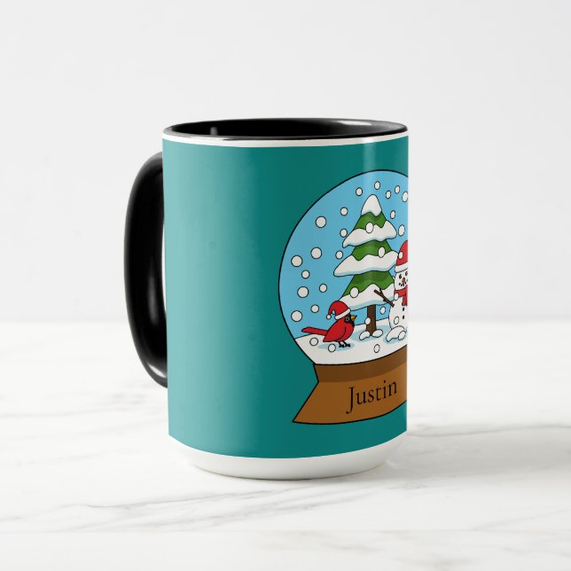 Globe w Cardinal Snowman & Pine Tree | Personalize Mug (Front Left)