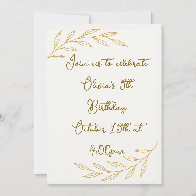 Glod Floral 5th Birthday invitation  (Front)