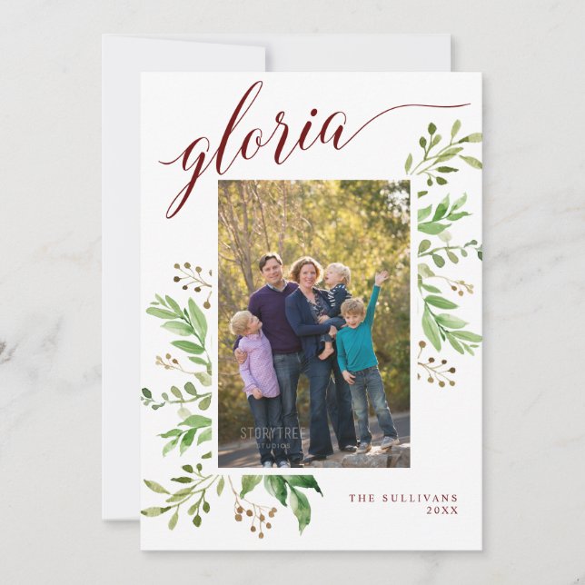 Gloria Eucalyptus Frame Religious Photo Holiday Card (Front)