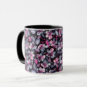 Gloria Floral in Grey and Magenta on Black Mug