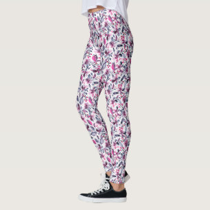 Gloria White,Grey & Pink Watercolor Floral Leggings