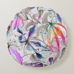Gloriosa Lily Flowers: Elegant Watercolor Round Pillow