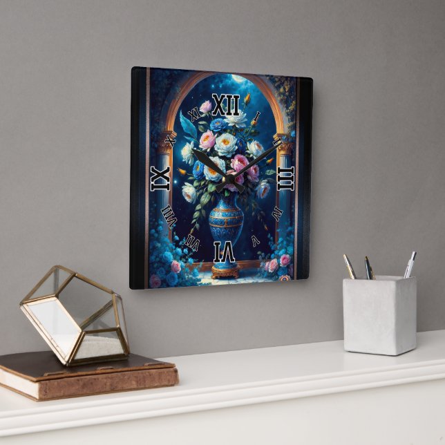 Glorious Floral Bouquet Under A Moonlit Sky Square Wall Clock (Office)