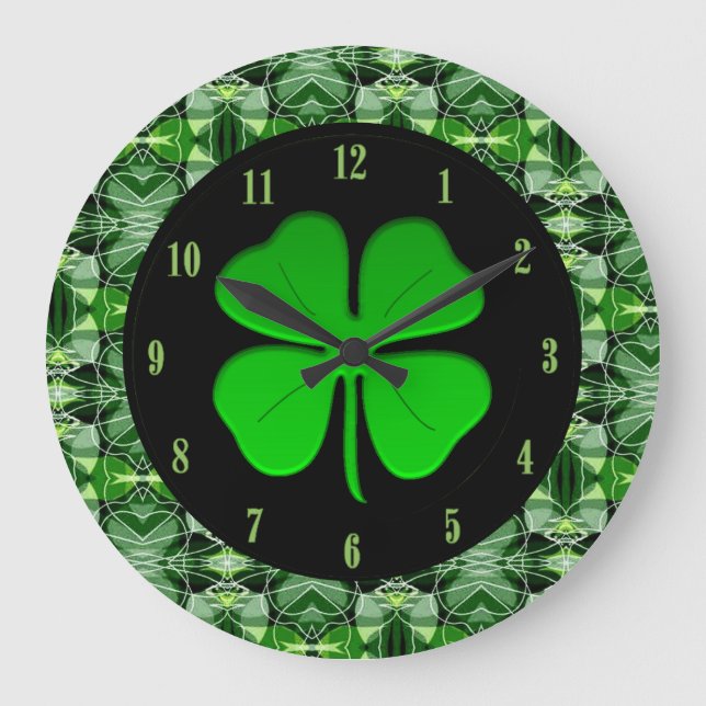 Glorious Green Abstract Pattern Shamrock Clock (Front)