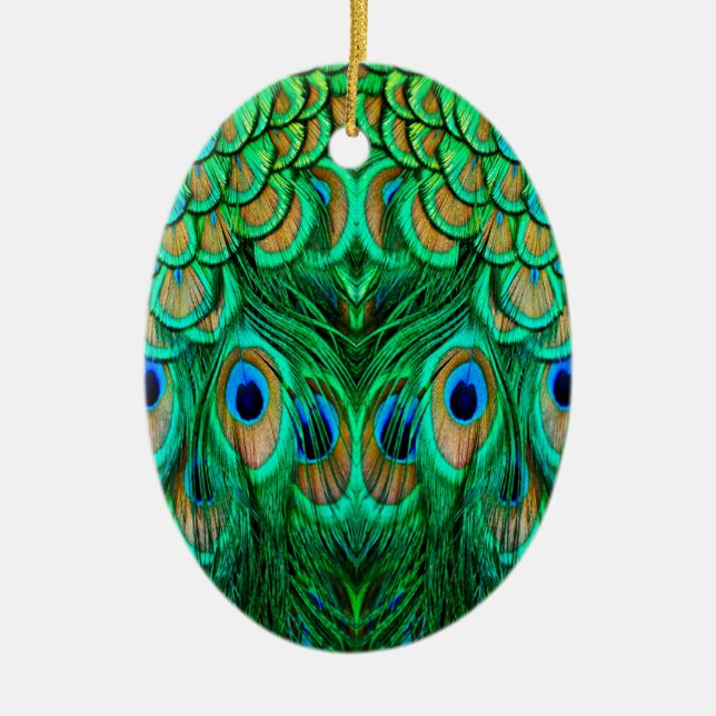 Glorious Peacock Feathers Ceramic Ornament (Front)