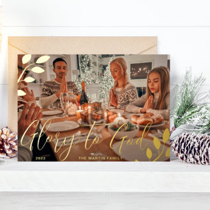 Glory to God Black Botanical Christmas Photo Foil Holiday Card