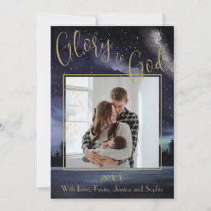 Glory To God Blue Starry Night Photo Christmas Holiday Card