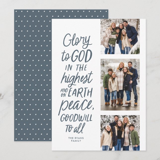 Glory to God blue three photo religious Christmas Holiday Card (Front/Back)