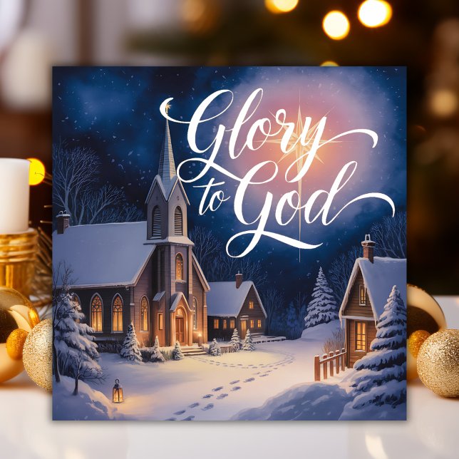 Glory To God Church Scene Religious Christmas Holiday Card (Glory to God Christmas Card. Snowy Church Night Scene, Christian Religious Holiday Greeting)