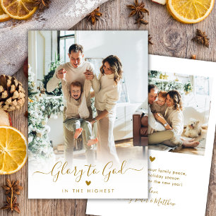 Glory to God Gold Script Elegant 2 Photo Christmas Holiday Card