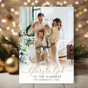 Glory to God Gold Script Elegant 2 Photo Christmas Holiday Card