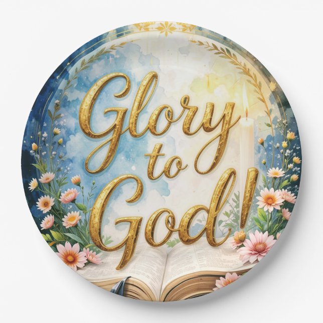 Glory to God - Golden text dedication with Bible Paper Plate (Front)