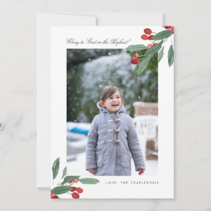 Glory to God Green Leaves & Berries Photo Holiday Card