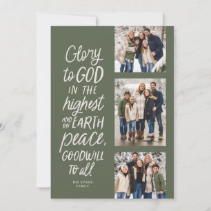 Glory to God green three photo religious Christmas Holiday Card