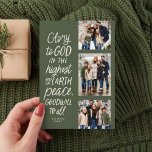 Glory to God green three photo religious Christmas Holiday Card<br><div class="desc">Glory to God in the highest! This religious Christmas card features three photos along with the Bible verse from Luke 2:14 in a handwritten style. This three photo Christian Christmas card is perfect for sending meaningful holiday greetings. The type on the front is off-white on a green background, and the...</div>