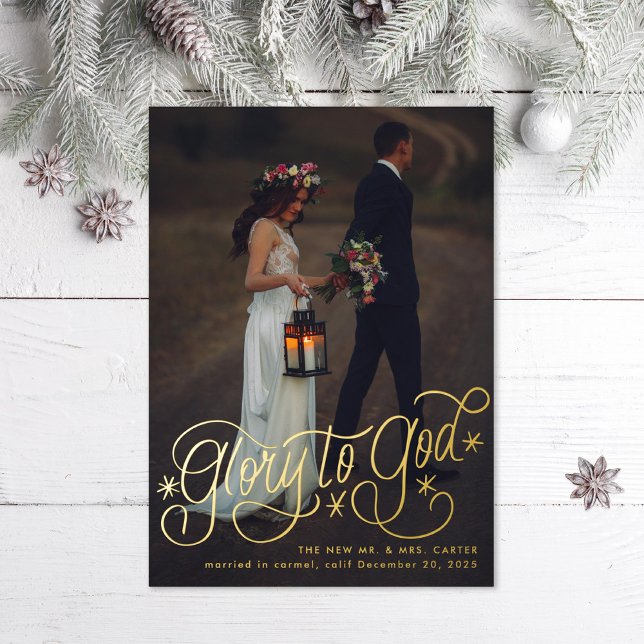Glory to God Hand lettering Photo Foil Holiday Card (Creator Uploaded)