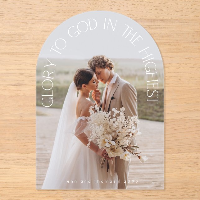 Glory To God modern arch photo religious Christmas Acrylic Invitations (Front)