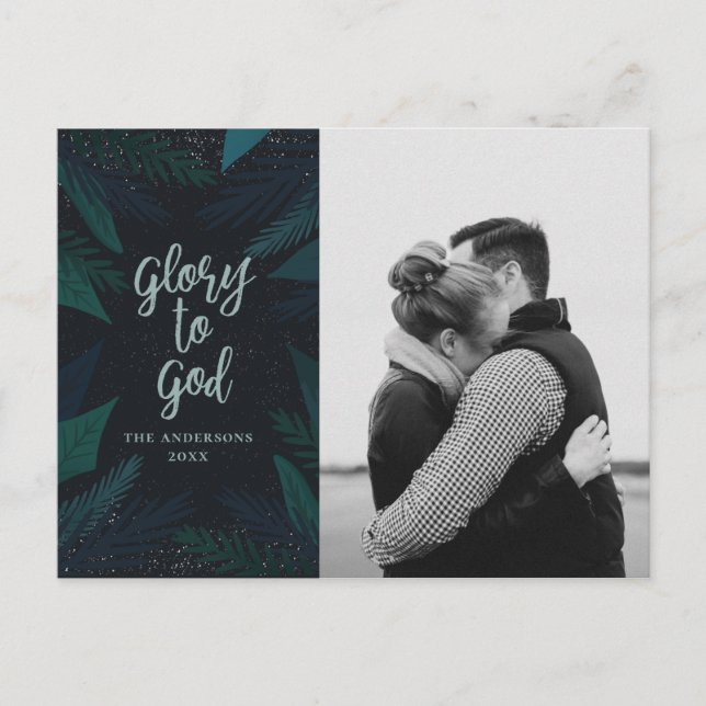 Glory to God. Navy and green botanical Christmas Holiday Postcard (Front)