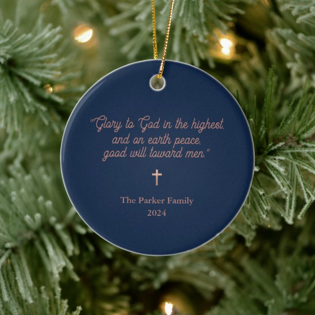 Glory to God Navy | Rose Gold and Photo Christmas Ceramic Ornament (Tree)