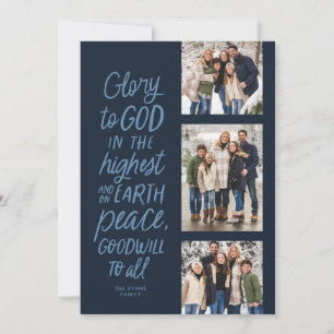 Glory to God navy three photo religious Christmas Holiday Card