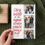 Glory to God red three photo religious Christmas Holiday Card<br><div class="desc">Glory to God in the highest! This religious Christmas card features three photos along with the Bible verse from Luke 2:14 in a handwritten style. This three photo Christian Christmas card is perfect for sending meaningful holiday greetings. The type on the front is red and the back is a matching...</div>
