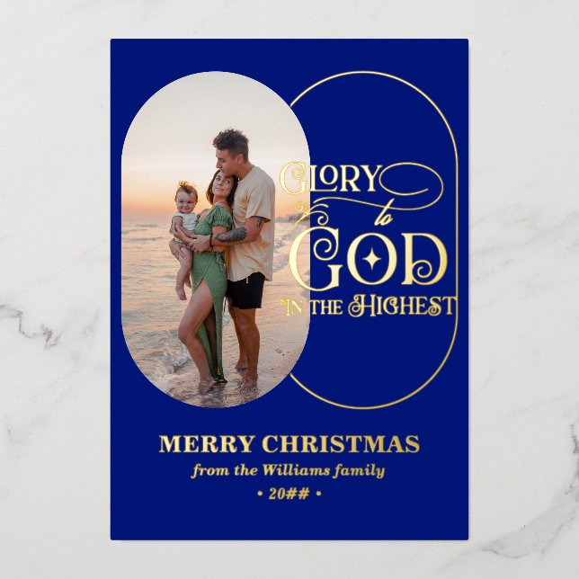 Glory to God Religious Christian 2 Photo Script Foil Holiday Card (Front)