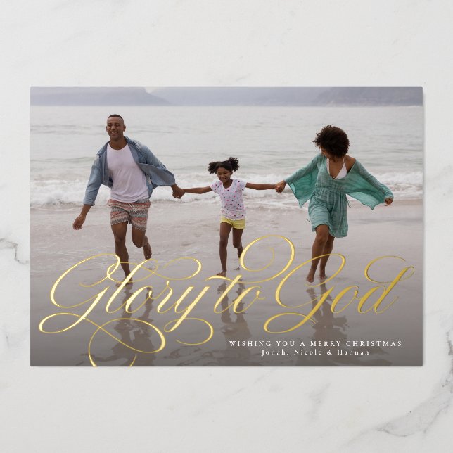 Glory to God religious one photo elegant Christmas Foil Holiday Card (Front)