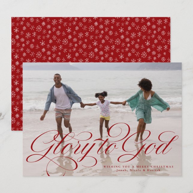 Glory to God religious one photo red Christmas Holiday Card (Front/Back)