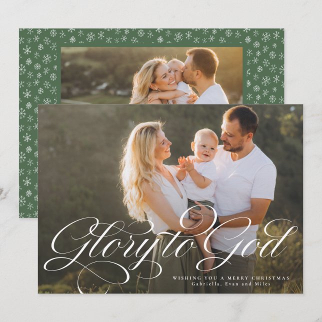 Glory to God religious two photo elegant Christmas Holiday Card (Front/Back)