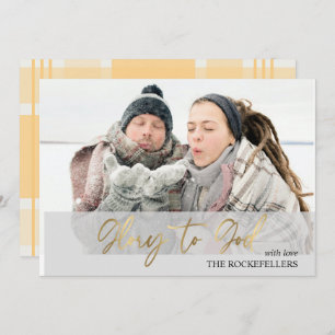 Glory to God Script Christmas Mustard Tartan Photo Holiday Card
