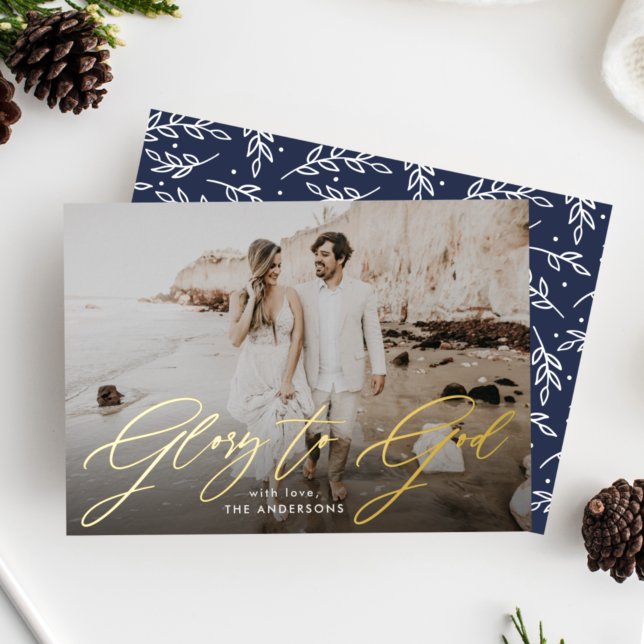Glory to God Script Overlay Religious Photo Foil Holiday Card (Creator Uploaded)