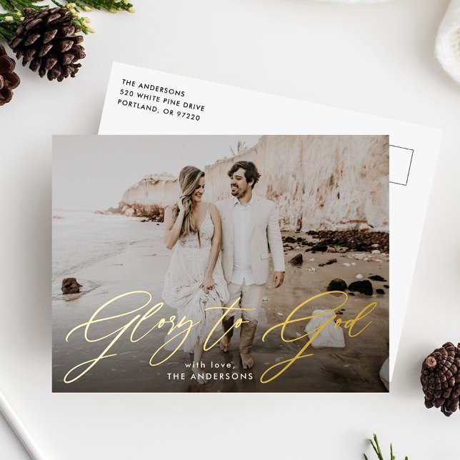 Glory to God Script Religious Photo Foil Holiday Postcard (Creator Uploaded)