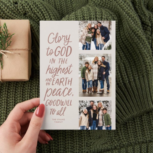 Glory to God three photo pink religious Christmas Holiday Card (Creator Uploaded)