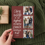 Glory to God three photo religious Christmas Holiday Card<br><div class="desc">Glory to God in the highest! This religious Christmas card features three photos along with the Bible verse from Luke 2:14 in a handwritten style. This three photo Christian Christmas card is perfect for sending meaningful holiday greetings. The type on the front is off-white on a maroon red background, and...</div>