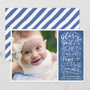 Glory to God Verse Photo Christmas   Blue Holiday Card