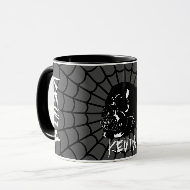 Glossy Black and Grey Skull Custom Name Mug (Front Left)