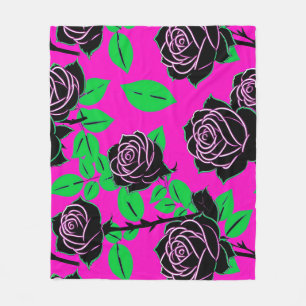 Glossy Black Roses On A Hot Pink Background Fleece Blanket