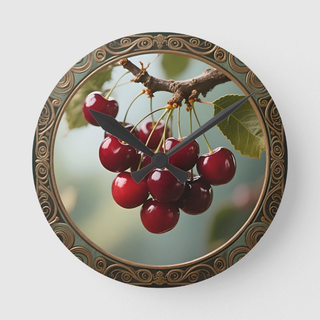 Glossy Cherries Vintage Round Clock (Front)