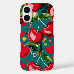 Glossy Cherry & Floral Pattern  iPhone 16 Case