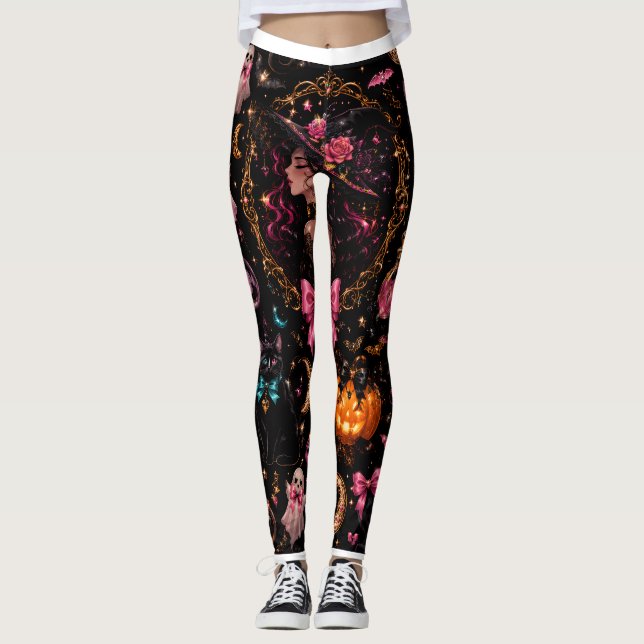 Glossy Coquette Witch Halloween Pattern Leggings (Front)