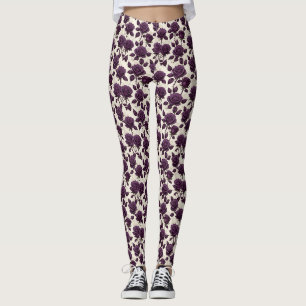 Glossy Dark Purple Roses On A Ivory Backgroun Leggings