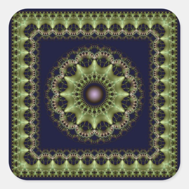 Glossy green fractal star mandala square sticker (Front)
