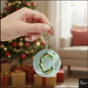Glossy Green Gold Glitter Striped Letter C Keychain