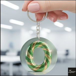 Glossy Green Gold Glitter Striped Letter O Keychain