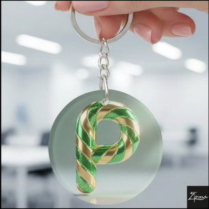 Glossy Green Gold Glitter Striped Letter P Keychain