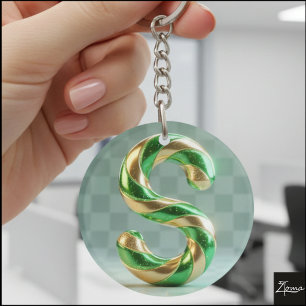 Glossy Green Gold Glitter Striped Letter S Keychain