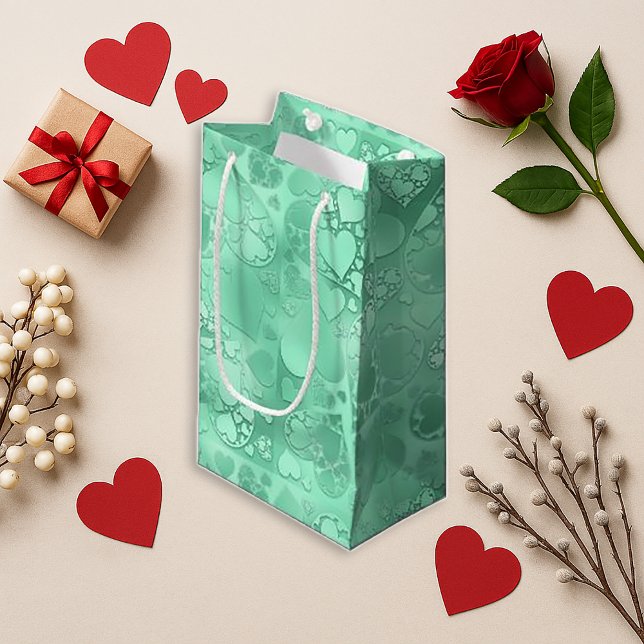 Glossy Green Romantic Hearts Pattern Small Gift Bag (Creator Uploaded)