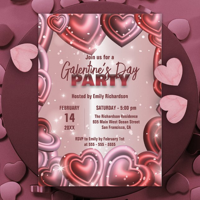 Glossy Hearts with Sparkles Galentine’s Day Party  Invitation (Creator Uploaded)