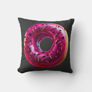 Glossy Pink Donut with Dark Sprinkles Throw Pillow